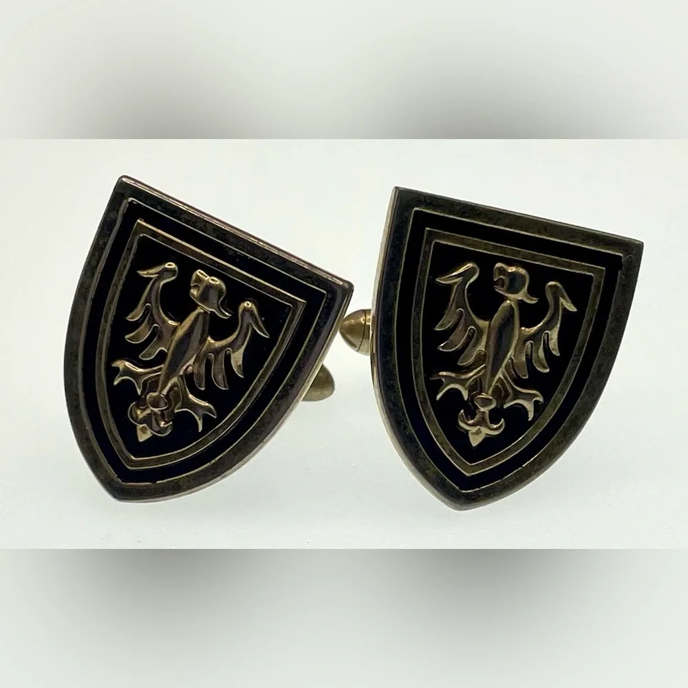Vintage Signed Swank Gold Tone and Black Enamel Shield Eagle Cufflinks